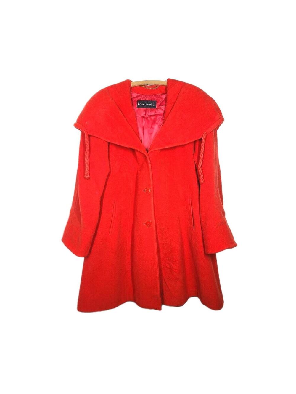 1990s Wool Coat Louis Feraud Rope Gathered Hood Red Orange Mod Oversize L